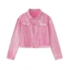 Männliche Pink-Denim-Anzüge zweiteiliger lässiger Denim Jacketstraight Hosen koreanische Mode Single Breastted Jeans Frauen High Street 240419