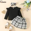 Sets ceeniu 03y automne hiver kid kid sets sets for baby girls ruffles lettre top + ceinter kaki plaid jupe vêtements nouveau-nés filles