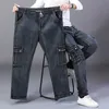 Herr jeans last jeans män elastiska plus storlek 48 46 44 42 hög midja byxor raka arbete byxor avslappnad sträckt svart denim streetwear 240423