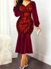 Casual Dresses Red Velvet Sequin Dress Women Spring Autumn V-neck Slim Fit Wrap Hip Party Evening Birthday Outfit Midi Vestido Mujer