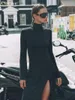 Sukienki zwyczajne Clagive Fashion Slim Black Damska sukienka bodycon golarka z długim rękawem midi eleganckie klasyczne ubranie kobiet