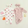 Ensemble de vêtements à deux pièces pour bébés filles, imprimé de coeur à manches longues couper couper et coiffure à nœud à arc, rose / blanc