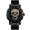 Wristwatches Black Gold Dial Quartz Watch Men 3D Skull Head Pattern Stainless Steel Steampunk Rock Engraved Cool Mexico Man Male Reloj Hombre 240423