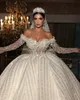 Luxury Ball Gown Wedding Dresses With Veil Sequins Applique Pears Bateau Bridal Gown Long Sleeve Dress Vestido De Novia Sweep Train