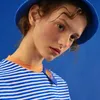 T-shirt féminin Bebobsons Original Niche Design Summer Femme T-shirt Blue Striped à manches courtes à manches