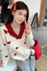 Women's Knits Korean Sweet Girl Colored Love Jacquard Sweater Winter Loose Pearl Button Knitted Cardigan Fashion Female Clothes