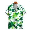 Casual shirts voor heren 2024 Summer Hawaii Beach Men Women Paarshirt Vierbladige klaver geprinte revers Rapel Korte mouw Groene bloemen