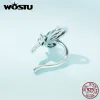 أقراط WoStu Real 925 Sterling Silver Silver Proodfly Butterfly Ear Cuffs Earrings Blue Crystal Zircon Ear Clips Wedding Jewelry Holiday Gift