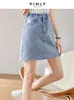 Jupes Vimly Soft Denim Mini pour les femmes 2024 Retro Casual Eleging High Taist Thin A-Line Classic Summer Short Jean Jirt 70887