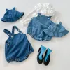 One-pièces printemps d'été Nouveaux vêtements pour bébés filles et bébé garçon fille denim Suspender Romper + chapeau 02 ans