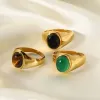 Bands Elegant Vintage Stainless Steel Rings For Women Bohemia Oval Tiger Eye Stone Obsidian Engagement Rings Jewelry