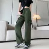 Frauenhose Frauen elegant solide Multi-Tasten hohe Taille, die gerade Bein bloßes Drawzug rosa Armee Grüne schwarze Frachtjogger arbeiten