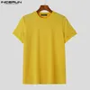 Incerun Men T Shirt Solid Color Stribed O-Neck Sleeve Streetwear Men Men Clothing Summer Fashion Tops 240423