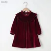 Abiti da ragazza Autunno inverno 2024 Girl Dress Abito a maniche lunghe Veluffio Vino Collar Red Solido Solt Sweet Baby Vestidos 2-6T