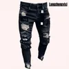 Homens elásticos rasgados de border skinny bordando jeans de desenho animado destruído buraco slim fit jeans de alta qualidade hip hop preto 240423