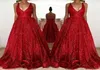 2018 Red Sparkly Lawlined Prom Dresses Long Deep Vneck Mouwless Backless A Line Cheap Evening Party Jowns5640821