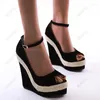 Scarpe eleganti ronticool 2024 donne fatte a mano pompe corda corda caviglia fibbia zeppe tallone rotonde della punta nera party us plus size 5-20