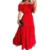 Casual Dresses Lady Short Sleeve Dress Elegant Off-shoulder Lace-up Maxi Feminine Party Attire With Shirring Bubble Sleeves Ruffle Hem