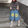 Dżinsy damskie Reddachic Vintage Y2K Print Flower Woman Worbgy Jorts Casual szerokopasmowe dżinsowe spodnie Dokresowe daisy dieczoły Koreańskie streetwear 240423