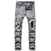 Män stretchy denim jeans streetwear rivande lapptäckhål rippade elastiska midja casual byxor smala passform raka byxor 240417