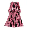 Casual jurken vrouwen lente jurk retro print maxi met lantaarn mouwen hoge taille riem dames A-lijn losse zoom val slank