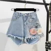 Mode hög midja jeans shorts set 2024 sommar kvinnor 2 styck uppsättningar broderi 3d blommor t-shirt topp+denimshorts tvådelar