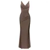 Casual Dresses Open-back Suspender Brown Fashion Sleeveless Tight-fitting Pleated Long Slit Dress