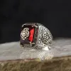 Bands Retro Handmade Turkish Signet Ring for Men Women Ancient Silver Color Carved Eagle Ring Inlaid Red Zircon Punk Motor Biker Ring