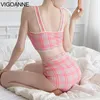 Kvinnors badkläder Vigoanne 2024 Pink Plaid Print Kvinnor Hög midja Push Up Strapped Bikini Korean Swimsuit Backless Summer Bathing Suit