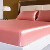 Pink High-End Rayon Satin 4pcs Fitted Sheet Set Silky Solid Color Bed Sheet Elastic Band Sheets Smooth Bedsheet Mattress Cover 240410