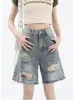 Design de plusieurs trous multiples à jambes larges rétro bleu denim shorts unisexes capris d'été femelle haute taille jeans courte 240418