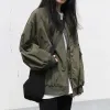 Jackets Oversized Army Green Bomber Jacket Women Harajuku Long Mouw Zipper Up Coats Round Neck Loose Autumn Cardigans Pocket Casual