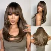 Wigs Medium Length Straight Wig for Women Brown Highlight Wigs with Bangs Daily Party Soft Synthetic Fake Hair High Temperature Fiber