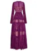 Vestidos casuais mar Seasixiang Designer de moda Autumn Lace Maxi Mulheres O-Gobes Mossa Longa de Mesh Longo Party Vintage de Waate Vintage