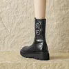 Boots Black Real Leather Women Short Platform Thick Flats Riding Botas Double Metal Buckle Decor Knight Motorcycle Botines Femme