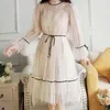 Vestidos casuais primavera malha doce mulher bling lantejão coreano estudantes da moda retrô de cintura definida feminina feminina de manga longa vestido