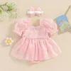 Clothing Sets Summer Baby Girls Princess Rompers Dress Short Puff Sleeve Ruffles Sequined Mesh Lace Patchwork Jumpsuits 2pcs