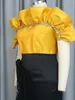 Zarif kadınlar fırfır bluz üstleri lüks nakış dikiş parlak kısa kollu yaz şık parti kıyafetleri artı beden altın sarısı 240419