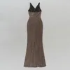 Casual Dresses Open-back Suspender Brown Fashion Sleeveless Tight-fitting Pleated Long Slit Dress