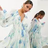 Lässige Kleider eleganter Blumendruck Chiffon ohne Futter Auturn Long für Frauen 2024 Sexy Deep V Draw String Boho Midi Kleid Beach