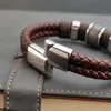 Vintage Multilayer Brown Genuine Leather Men Bracelet Stone Stone Stoen Aço Jóias Anterior Jóias Macicular Pulseira Presente 240417