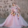 Fairytale Pink Florals Quinceanera Dresses Princess Off Shoulders 3D Flowers Birthday Party Gowns Gorgeous Debutante Robe Mariee Vestido De 15 Xv Anos Masquerade