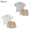 Kläderuppsättningar Blotona Toddler Boys 2 Piece Outfits randig tryck Kort ärmknapp T-shirt och elastiska shorts för sommarkläder Set 6M-4Y