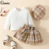 Sets ceeniu 03y automne hiver kid kid sets sets for baby girls ruffles lettre top + ceinter kaki plaid jupe vêtements nouveau-nés filles