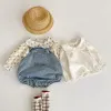 Set abbigliamento da bambine neonati set camicia stampata in cotone a maniche lunghe+tuta senza maniche in denim