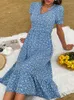 Sukienki imprezowe eleganckie damskie krótkie puff rękawa boho kwiatowy nadruk v dekolt gorset niebieski swobodny damski damski letnia plaża mody