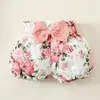 Giyim setleri 0-2 yaşında doğan kız bebek yaz pembe yuvarlak boyun dantelli kısa kollu çiçekler baskılı yay şortu sevimli takım elbise