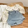 Set abbigliamento da bambine neonati set camicia stampata in cotone a maniche lunghe+tuta senza maniche in denim