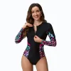 Suits Europe, America, Middle East printed swimwear, women's one piece long sleeved zippered surfing suit, new diving suit, conservati