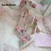 Dress Shoes Pink Three-Dimensional Flower High Heels Handmade Mid-Heel Pointed Toe Elegant Lolita Women Sandals Single